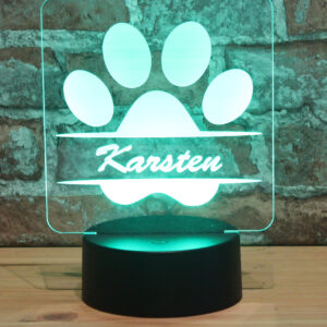 Personalisiertes RGB-LED Nachtlicht - Hundepfote Motiv mit Wunschname, individuelles Geschenk, Acrylglas