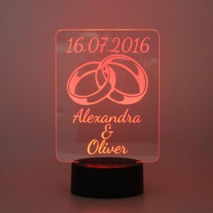 Personalisiertes RGB-LED Nachtlicht - Ringe Hochzeit Motiv mit Wunschname, individuelles Geschenk, Acrylglas