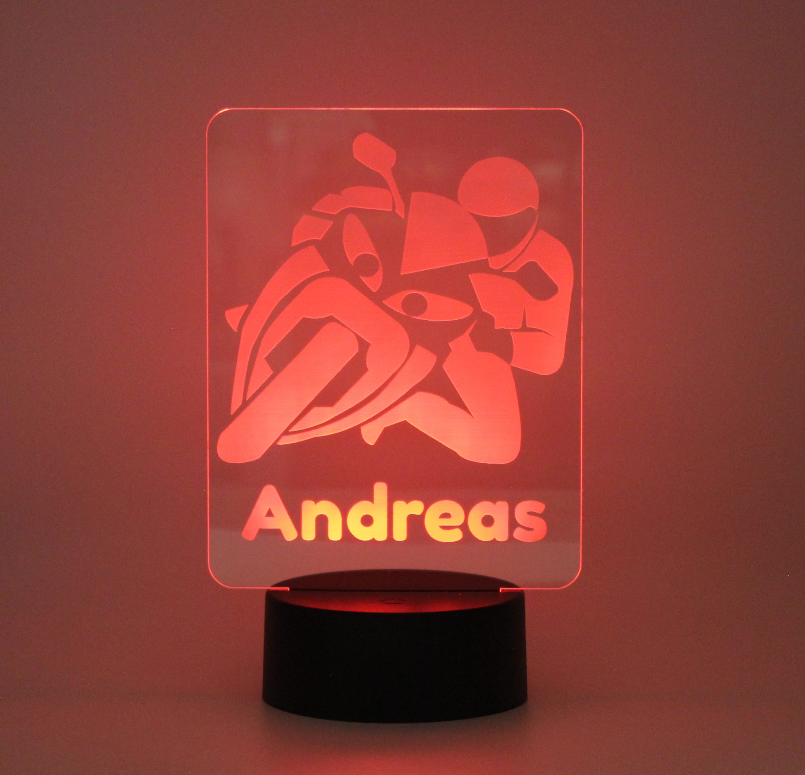 Personalisiertes RGB-LED Nachtlicht - Biker Motiv mit Deinem Wunschnamen, individuelles Geschenk, Acrylglas